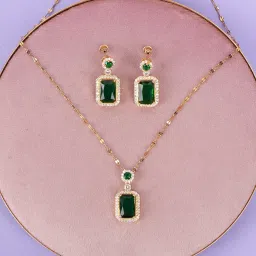 salty Anti Tarnish Green Emerald Jewellery Set for Women | Gold Plated Necklace & Earrings Gift Box | Latest Stylish Minimal Jewelry Sets | Modern Design Aesthetic Accessories | Gifts for Mother's Day image 3