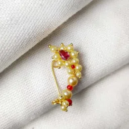 jewelopia Maharashtrian Nath Nose pin Small Size Traditional Diamond Marathi Nathni Stud non piercing Pearl Gold Plated Nath Clip On Nose Jewellery For Girls and Women image 5