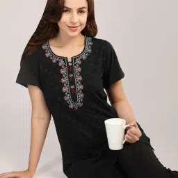 duchess Women's Cotton Printed & Embroided Long Length Night Suit Set image 5