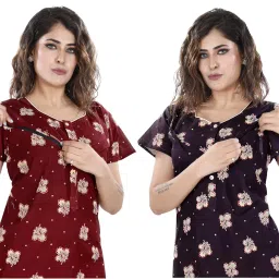 ankona Feeding Nighty in Pure Cotton 2 Side Zips for Feeding Purpose & Neck Buttons for Easy Wearing Soft Cotton Maternity Nighty for Women Feeding Combo Feeding Nighty for Women (Combo of 2Pcs) image 4