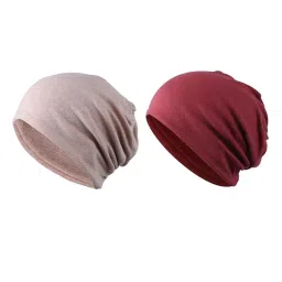 myaddiction 2 Pieces Cotton Slouchy Baggy Beanie Chemo Hat Slouchy Cap Khaki+Red image 1
