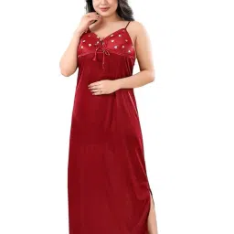 zairra Women's Satin Solid Maxi Length Nighty with Robe-Sleeveless Nightwear Set-Free Size (Red) image 1