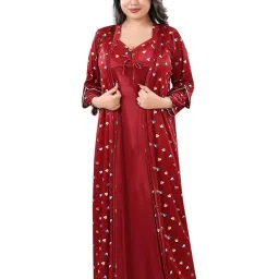 zairra Women's Satin Solid Maxi Length Nighty with Robe-Sleeveless Nightwear Set-Free Size (Red) image 5