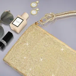 blue beads Gold Color Full Rhinestone Crystal Evening Clutch Bag - Sparkling Glitter Handbag with Shiny Shoulder Strap - Elegant Tote for Special Occasions For Women and Girls image 5