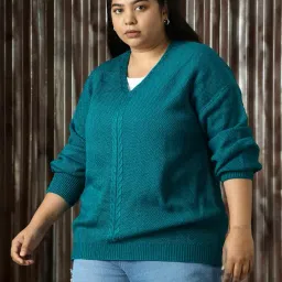 high star clothing High Star Women Acrylic Self Design Relaxed Fit V-Neck Full Sleeves Sweaters image 3