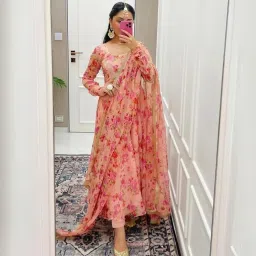 jyeshta Floral Anarkali Suit Set with Dupatta, Pink Georgette Gown, Long Designer Wedding Guest Dress image 1