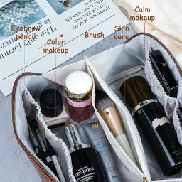 ROMINO Wide Opening Leather Travel Makeup Organizer Pouches for Women, Large Capacity Cosmetic Bag with Handle and Divider, Multifunctional Travel Pouch Vanity Makeup Bag, Waterproof, 12 Cm (Brown) image 4