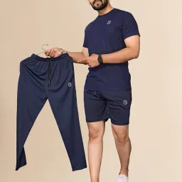 kashvi Solid Men's 3-Piece T-shirt,Shorts & Track Pant- Stylish Comfortable Activewear Set for Sports Gym Running and Casual Wear Navy Blue-size M image 1