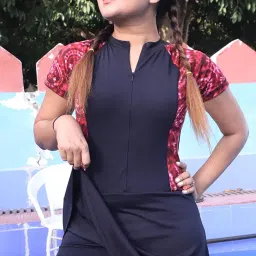 Imperative Women's Frock Style One-Piece Swimsuit, Black with Pink Tie-Dye Print, Short Sleeve image 1