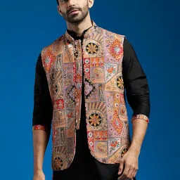 vastramay Men's Nehru Jacket | Allover Printed Embroidered Sequiend Nehru Jacket For Men. image 1