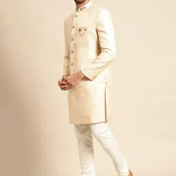 kisah Men's White Kurta Indo-Western Sherwani Set Indo-Western, Full Sleaves, Knee Length, Straight, Regular Fit, Mandarin Collar Ethnic wear image 5