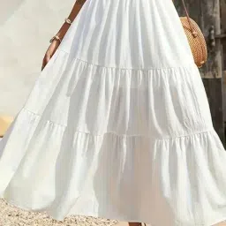 pinkhub Tiered Maxi Skirt, White Cotton, High Waist, Elastic Band, Flowy A-Line image 5