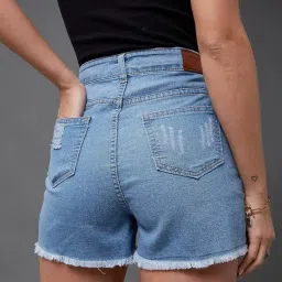 miss chase Women's Relaxed Fit Highly Distressed Mid Rise Ripped Denim Shorts image 4