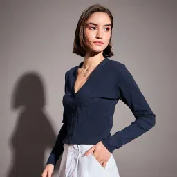 sassafras Women Rib High Neck Front Zipper Top image 2