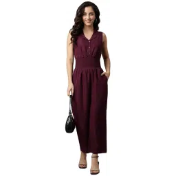 deebaco Women's Smocking Solid Jumpsuit|Indo Western Women One Piece Culotte Sleeveless Dungaree|Button Closure Front Jumper|Stylish Fashionable Dress for Ladies|Girls Outfits (Wine) image 4