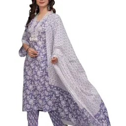 amayra Women's Pure Cotton Printed Straight Kurta Set with Palazzo Pants & Dupatta- Ethnic Wear, Purple image 3