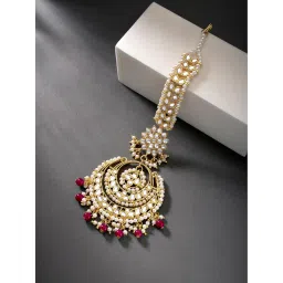 peora Gold Plated Kundan & Rani Pink Beads Studded Maangtikka Ethnic Jewellery for Women image 2