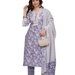 amayra Women's Pure Cotton Printed Straight Kurta Set with Palazzo Pants & Dupatta- Ethnic Wear, Purple image 5