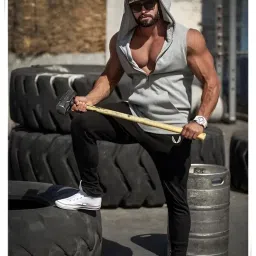 hot button Men's Sleeveless Hooded Zipper Workout Tank Top, Solid Color, Casual Gym Fitness Vest, White image 4