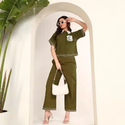 deebaco Solid Cotton Embroidered Shirt With Pants Co-Ord Set For Women's|Collar Neck Short Kimono Sleeves Regular Fit Stylish Summer Western Casual Wear Ladies Trendy Cord Set image 1