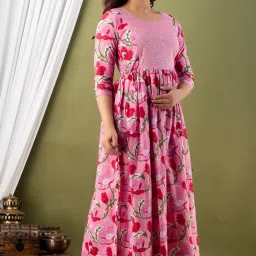 Krishna Vastram Women's Pure Cotton All Over Printed Kurti Gown Perfect Maternity and Feeding Dress with Anarkali Kurti Style, Zip Convenience, and Stylish Feeding Nighty image 5