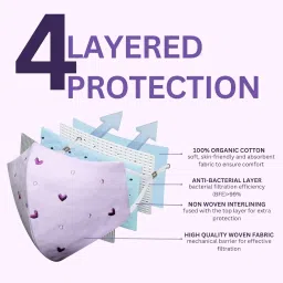masq By Q-One Hearts 4 Layer, Reusable, with Ear Adjusters, Anti-Bacterial (BFE>99%) Embroidered Cotton Cloth Face Mask Combo for Women, Girls (Purple-Pink-Peach, Pack of 3) image 1