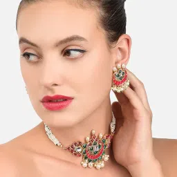 zaveri pearls Pink & Green Meenakari Multistrand Pearls Choker Necklace & Earring Set For Women-ZPFK10242 image 1