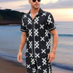 pihar Men’s Stylish Polyester Co-ord Set with Half Sleeve T-Shirt & Matching Shorts for Summer Casual Or Beach Look [Black] image 2
