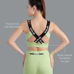 strch Nylon Cross Back Sports Bra for Women – Medium Support, Removable Padded Bra for Gym, Yoga, Running, Super Stretch, Sweat-Wicking, Lightweight, Breathable, Elastic Bottom Band for Grip image 2