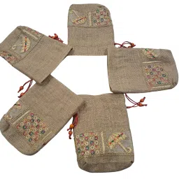fabjute Natural Jute Potli Bags with Lining for Return Gifts (5 Pieces of 9x7 Inches Each) (Golden Zari Border) image 2