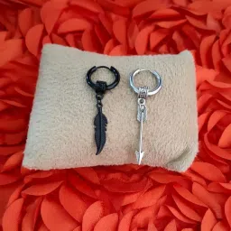 shiv jagdamba Korean V Punk Style Men Combo Stainless Steel Huggie Hinged Hoop Earrings with Dangling? Feather And Arrowhead Piercing Earrings For Men Women image 3