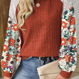fensir Women's Floral Patchwork Sweater | Long Sleeve Loose Fit Round Neck Ribbed Winter t-Shirt image 4
