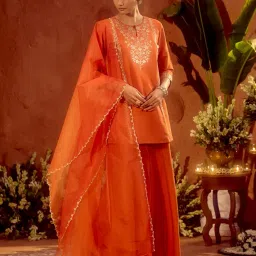 fiorra Women’s Orange Viscose Chanderi Embroidered Ethnic Straight Kurta Set with Dupatta image 2