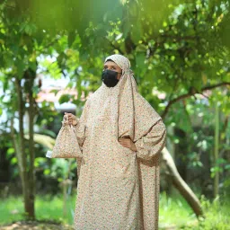 sawb Islamic Prayer Dress for Women- Free Size, Muslim Dress with Hijab, Jilbab/Namaz Khimar/Prayer Clothes Niqab Khimar, Islamic Premium Prayer Clothes, Mud Yellow floral Print color image 2