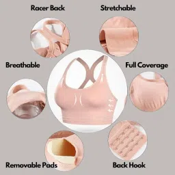 glamoras Women's Nylon Spandex Padded Non Wired Racer Back Sports Bra for Gym, Cardio, Zumba and Yoga | Everyday Active Wear for Girls | Size M to 2XL image 3