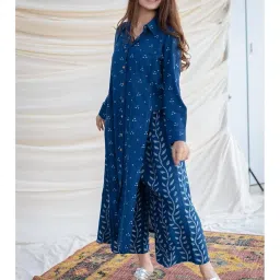 iklo Women's Indigo Dabu Printed Slub Cotton Kurta | Handcrafted Ethnic A-Line Kurti | Festive & Casual Wear | Breathable Pure Cotton image 2