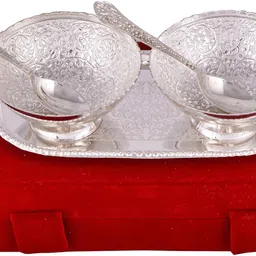 adiidev Silver Plated 2 Flower Bowl With Spoon With Tray Bowl, Spoon, Plate, Ladle Serving Set-picture-29