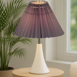 glowhere Matte White Bedside Lamp, Pleated Grey Fabric Shade, E27 Bedside & Living Room Table Lamp image 1