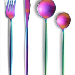 kitchantique Rainbow Silverware Set | 4-Piece Flatware For Dinner, Camping & Gifting Stainless Steel Cutlery Set-picture-25