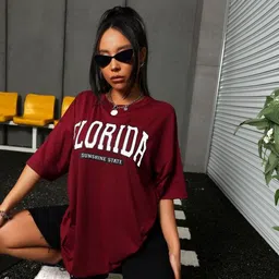 christy world Women Graphic Print Round Neck Pure Cotton Maroon T-Shirt image 1