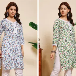 faeebfashion Pack of 2 Women Floral Print, Printed Cotton Blend Straight Kurta image 1