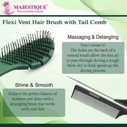 majestique Flexi Vent Hair Brush with Tail Comb, Detangler & Scalp Massager -2Pc/Multicolor image 3