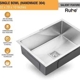 Ruhe Handmade 304 Stainless Steel Single Bowl 32x20x10 Inches Kitchen Sink Included Brushed Matte Finish | Strainer-Basket/Sink Coupling/Waste Pipe Vessel Sink image 3