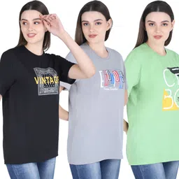 shaun Pack of 3 Women Self Design Round Neck Polyester Multicolor T-Shirt image 3