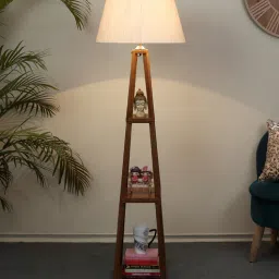 tu casa Bezalel Off White Cotton and Acrylic Shade Shelf Floor Lamp With Mango wood Base-picture-25