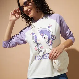 the dry state Women Solid Round Neck Pure Cotton Purple, White T-Shirt-picture-36