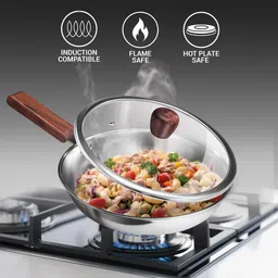 milton Pro cook Triply Hexa Tech Induction Glass Lid & Wooden Handle,22cm, Honeycomb Fry Pan 22 cm diameter with Lid 1.25 L capacity image 2