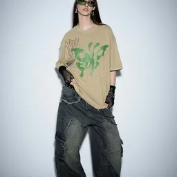 bonkers corner Women Solid Round Neck Pure Cotton Beige T-Shirt image 5