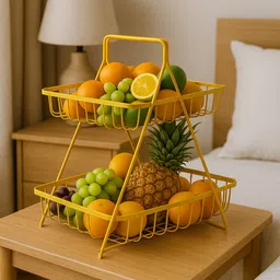 namra 2-Tier Yellow Fruit Basket Stand – Kitchen & Dining Table Countertop Organizer Stainless Steel Fruit & Vegetable Basket image 3