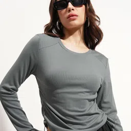 tokyo talkies Casual Regular Sleeves Self Design Women Grey Top-picture-10
